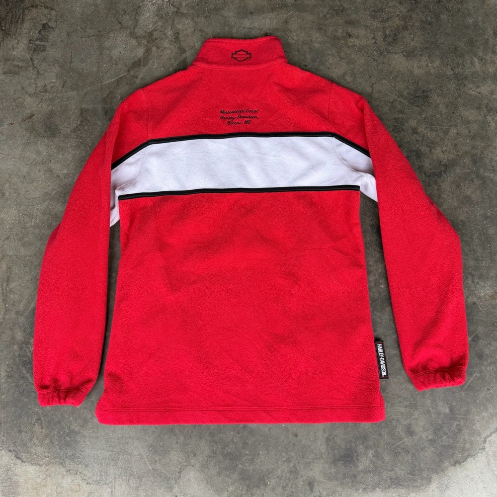 Harley Davidson Red Fleece Sweater White Stripe 1/4 Zip Embroidered Logo Women M - Picture 6 of 8